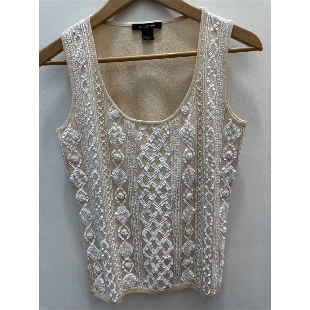 St. John Cream Beaded Embellished Tank
